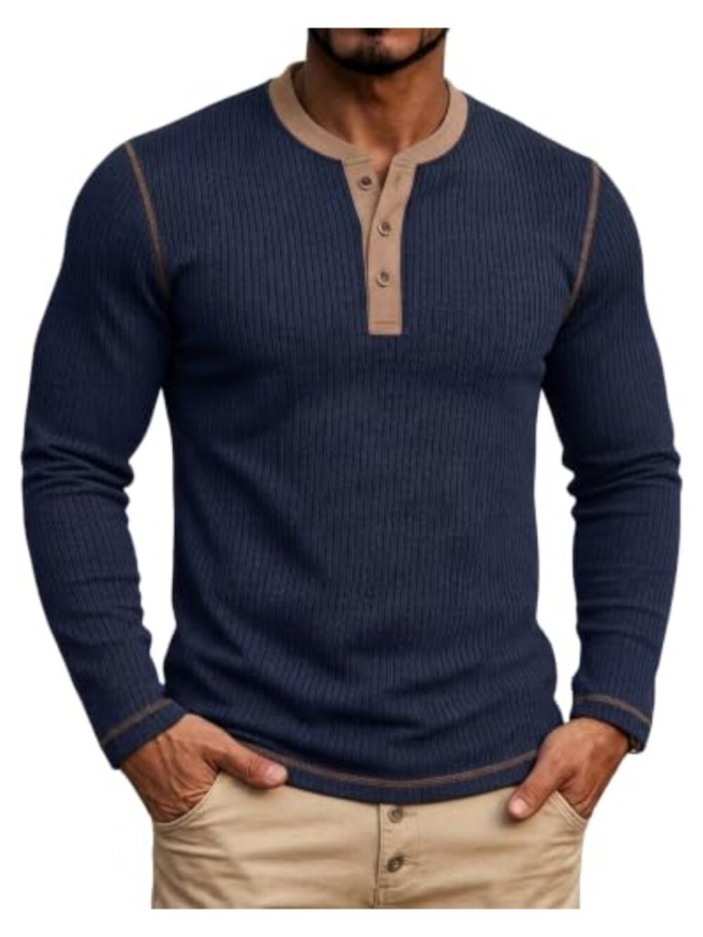 Men's Henley Shirt Long Sleeve Ribbed Knit Button Placket Casual